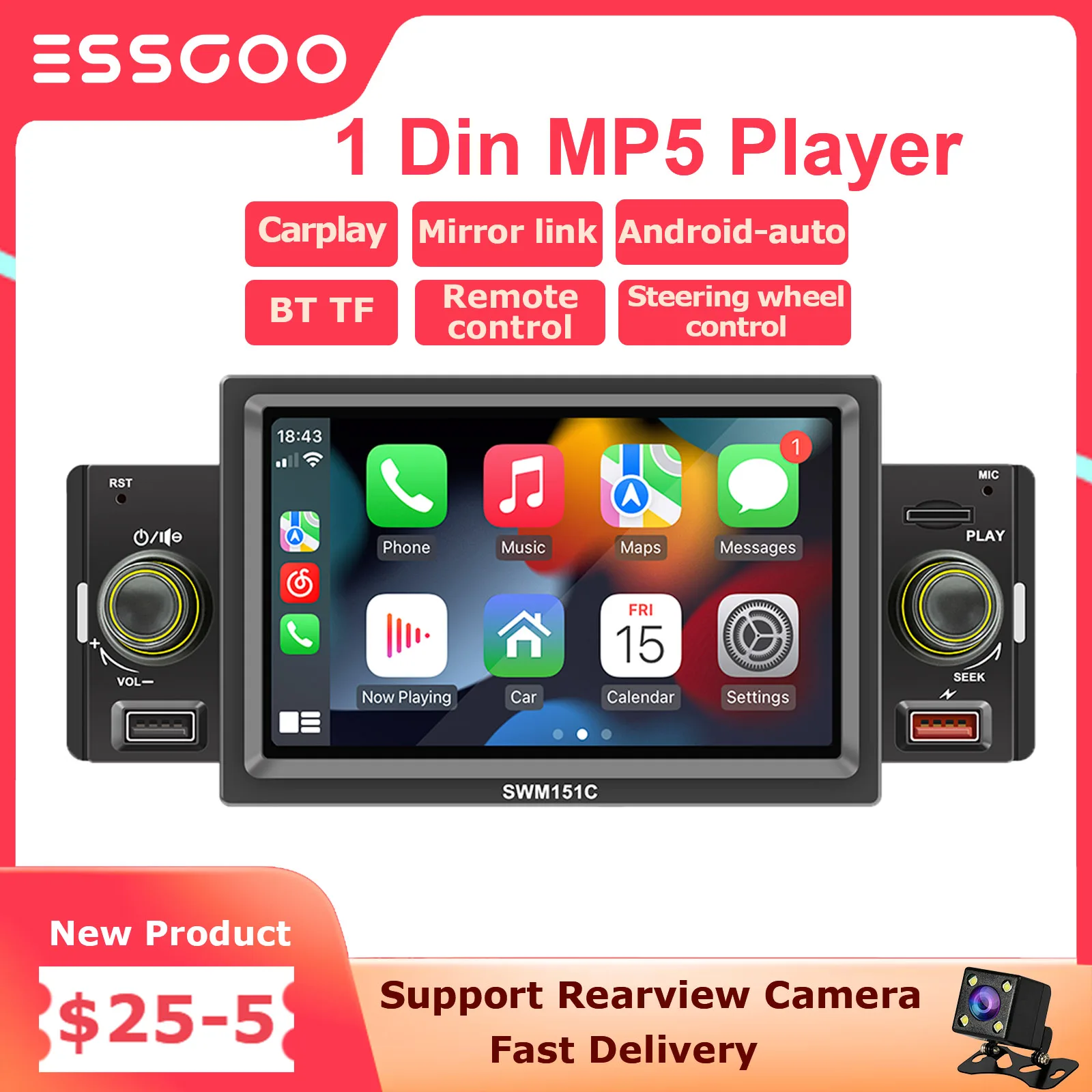 

ESSGOO Car Radio 1Din MP5 Player Autoradio Stereo 5 Inch Touch Screen Carplay Android-auto Bluetooth Universal Multimedia Player