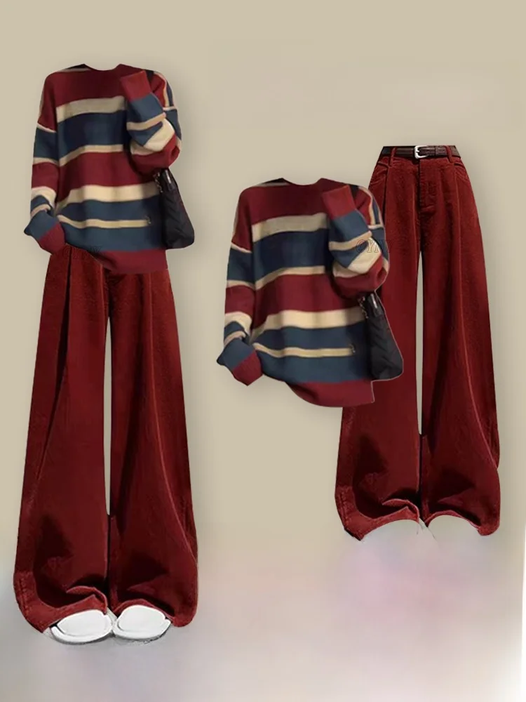 

Red Color Blo Sweater And Casual Pants Two Piece Set Autumn Winter Women's Faion Ensemble High Waist Trousers Stripe Pattern
