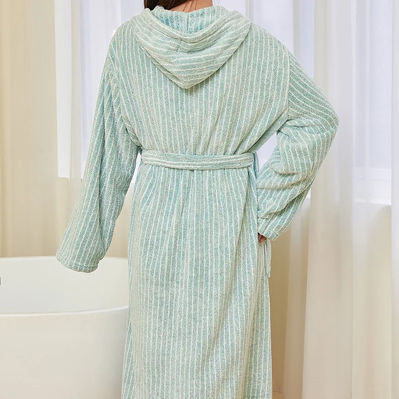 Unisex Autumn Stripe Bathrobe Hooded Coral Fleece Pink Grey Thicken Bath Robe Night Cozy Sleepwear Women Home Bathroom Clothes