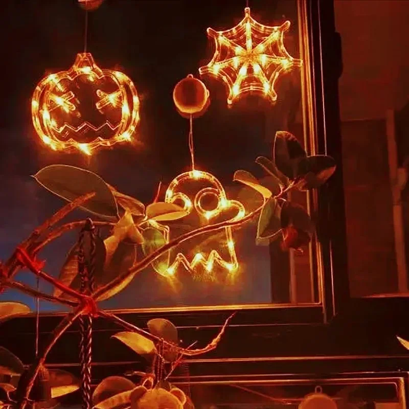 Luces de ventana con ventosa para Halloween, lámpara de calabaza, Araña, murciélago, ojo fantasma, tapa, telaraña, LED, Decoración de Ambiente, novedad