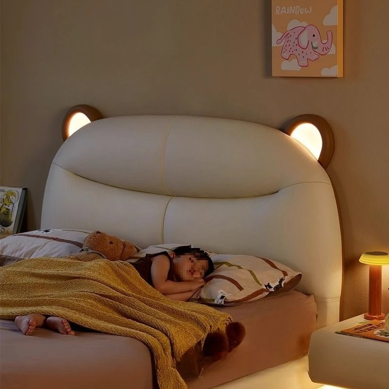 Leather bedroom bed Small apartment girl single princess bed Bear ears Solid wood bed with lamp
