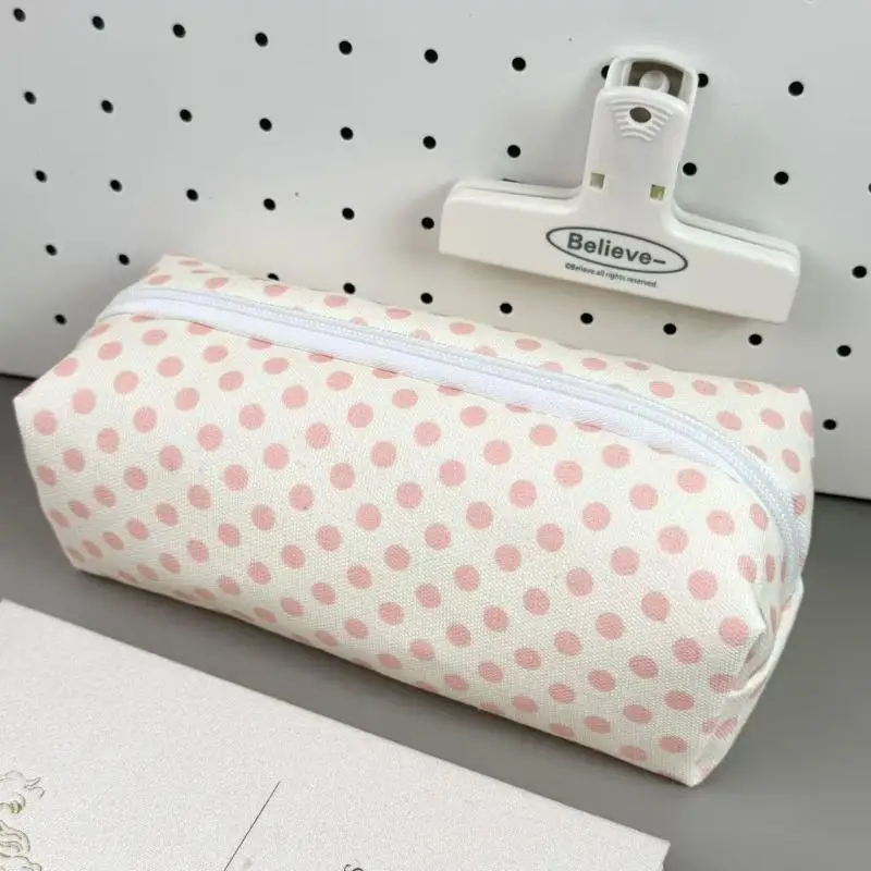 Polka Dot Bow Cat Star Canvas Pencil Bag Sturdy Zipper Portable Stationery Storage Pouch For Student Daily School