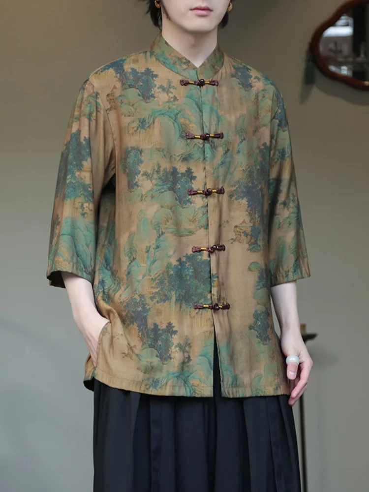 

Ice Silk Loose Fit Short Sleeve Men's Shirt Thin Summer Style Vintage Button up Tang Suit Trendy Printed Youth Summer Fashion