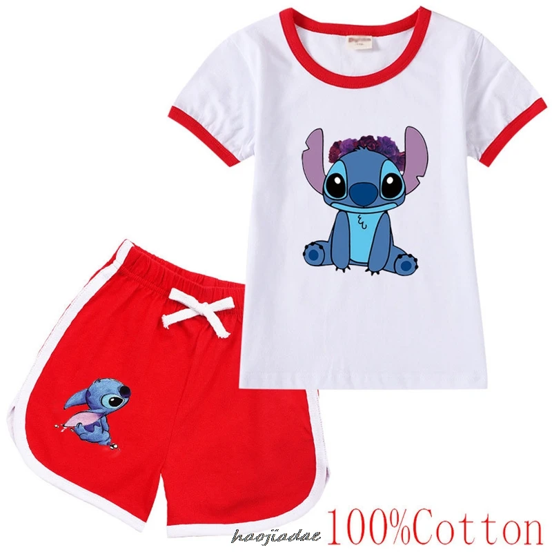 

Summer Children Lilo And Stitch Print Cotton Baby Short Sleeve T Shirt+Shorts 2 PCS Set Girls Clothing Set Toddler Sport Suit