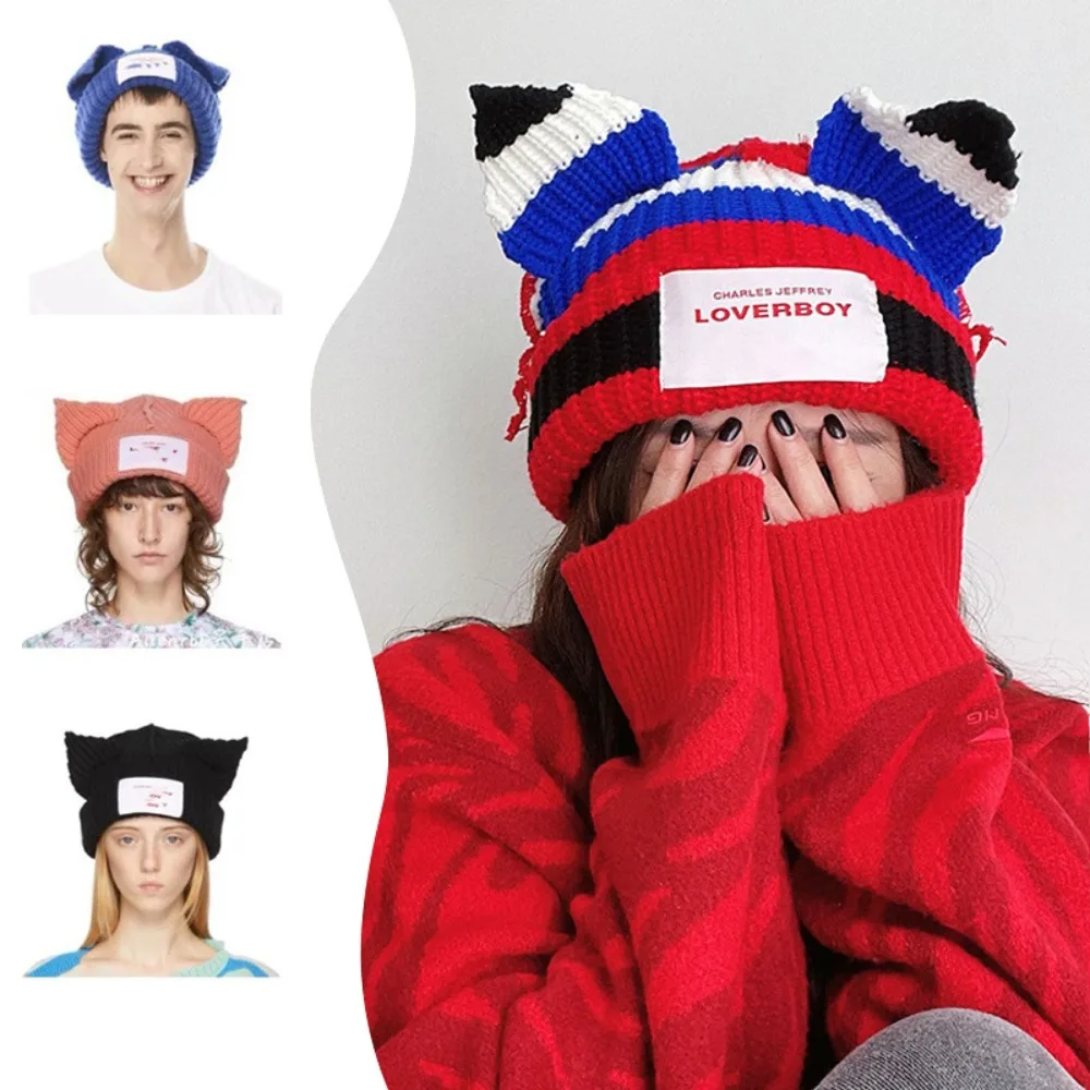 Double-layer Loverboy Cat Ear Knit Hat Warm Hooded Cap Pig Ear Woolen Hat Niche Design Soft Ear Protection Hat Autumn and Winter