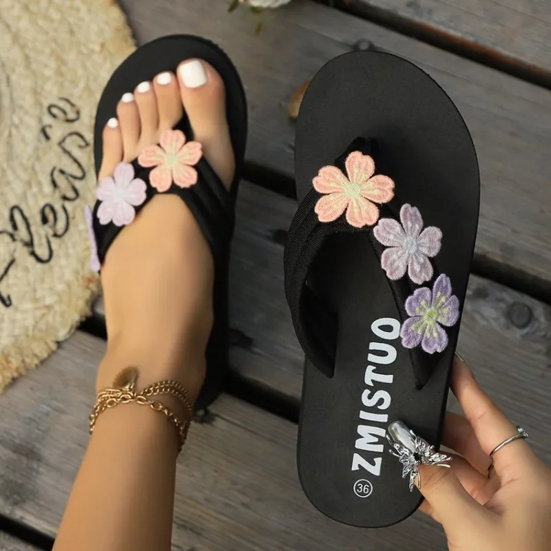 

Новые женские богемные сандалии с бантом и цветами, пляжные тапочки с открытым носком, повседневная обувь, летние тапочки, zapatos mujer