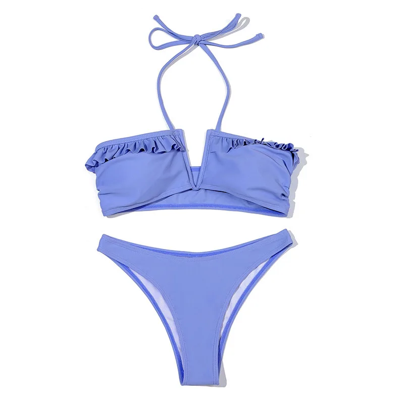 

Women Triangle Halter Thong Ruffle Bikinis Set Sexy String Two Piece Low Waist Swimsuit Cute Bathing Swimwear Solid Color