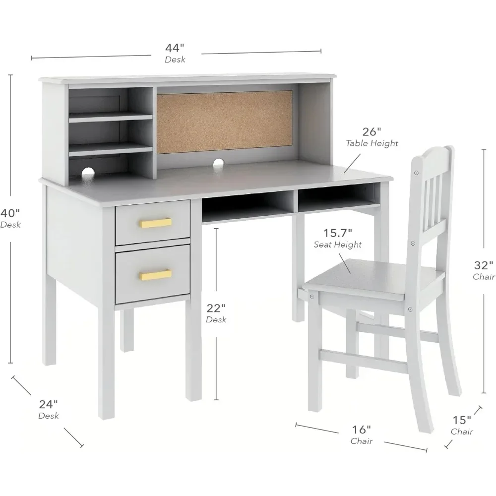 Taiga Desk, Hutch and Chair - Gray: Kids Wooden Computer Study Desk Set with Storage Shelves, Corkboard, and Drawers |Children's