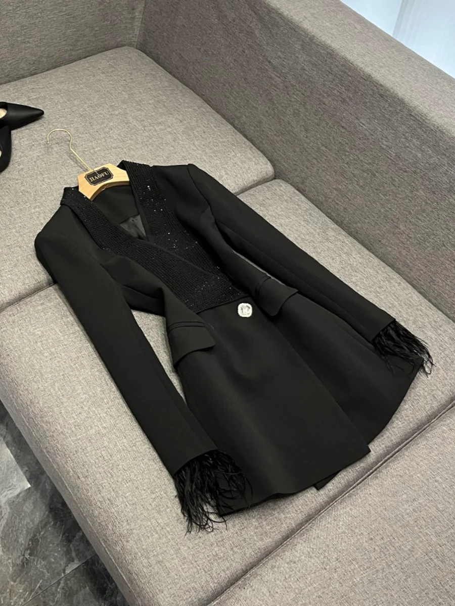 

iny Rhinestone с лацканами и перьями Све, приталенный жилет, длинный све, женский костюм Jaet для поездок на работу, китайское производство