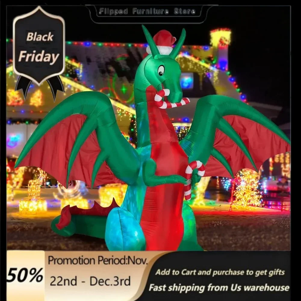 

8ft Inflatable Christmas Dragon with Candy Disco LED Lighted Blow Up Decor Indoor Outdoor Holiday Art Decor Decorations