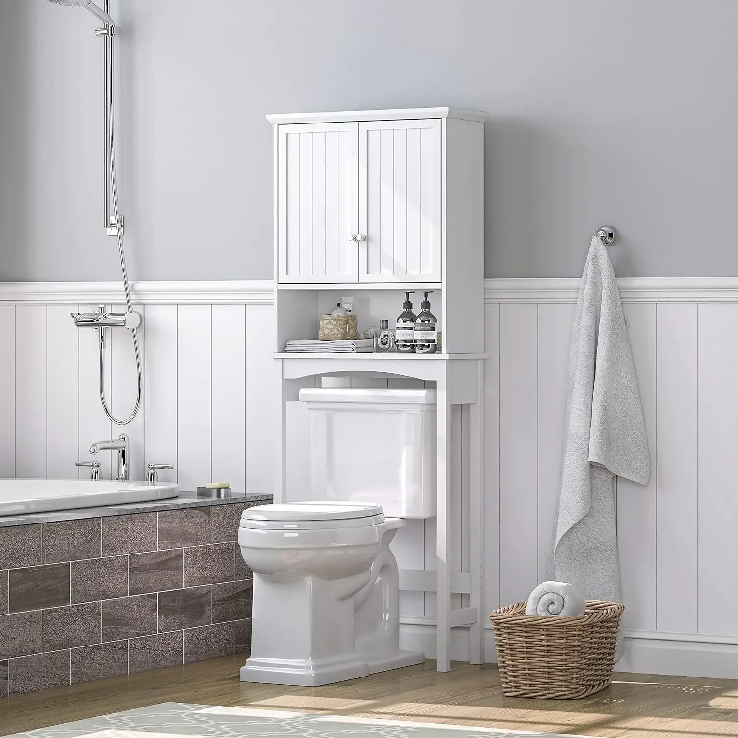 

Over The Toilet Storage Cabinet, Bathroom Above Toilet Cabinet Organizer with Adjustable Shelves, White