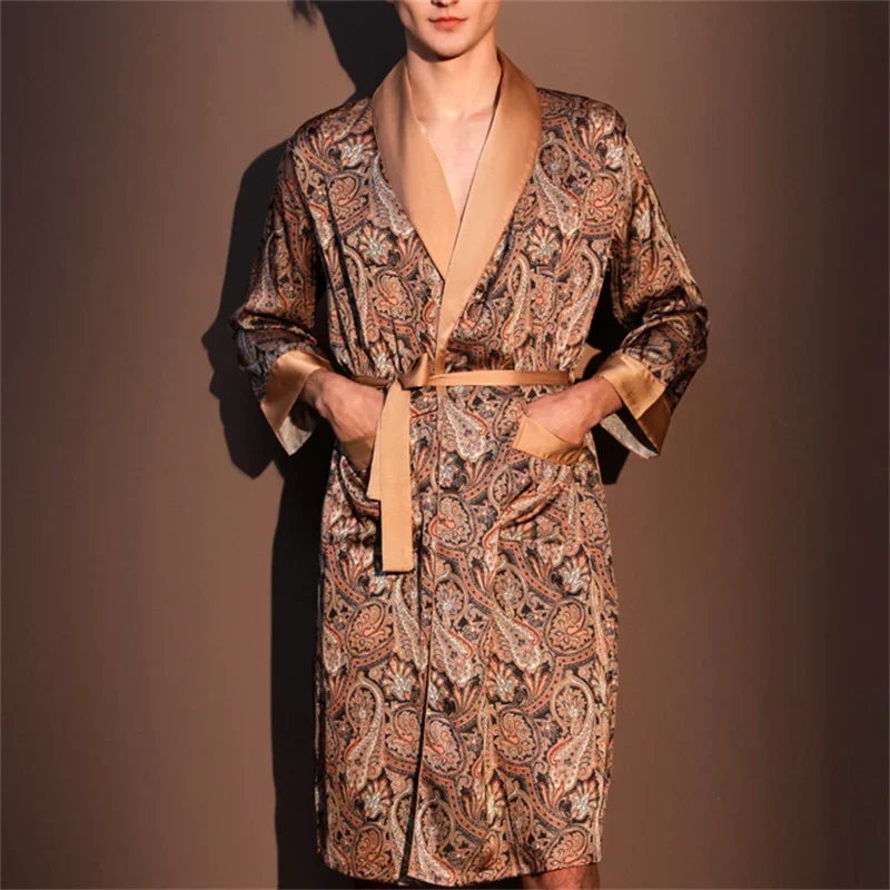 

Spring Summer New Mens Robe Printed Bathrobe Kimono Gown Silky Satin Male Sleepwear Night Clothes Loose Casual Homewear Pajama