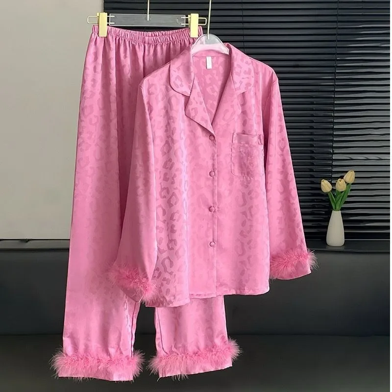 Rose Red Pajamas Women Long-sleeved Cardigans Live-streaming By Internet Celebrities High-end Light Luxury Feather Set Home Wear