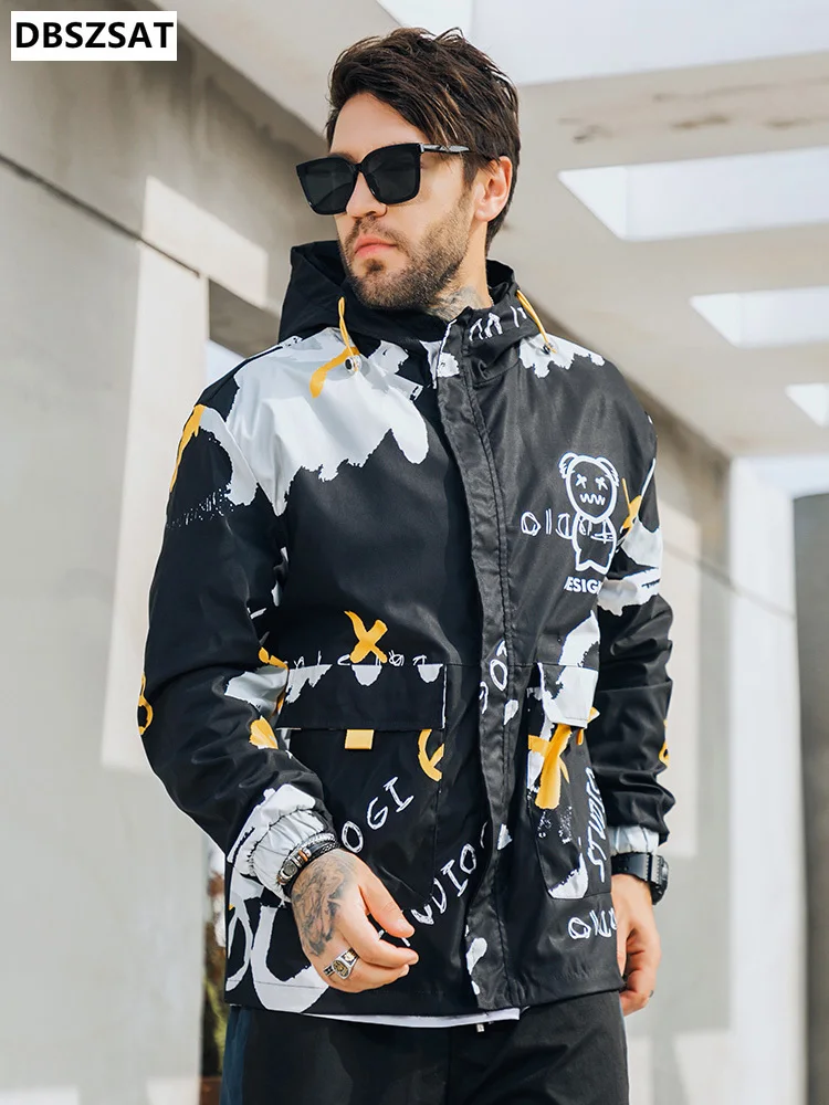 Spring Autumn Two Side Wear Hooded Windbreaker Men\'s Jacket Streetwear Fashion Bear Printed Hip Hop Outfits Coat Big Size 8XL