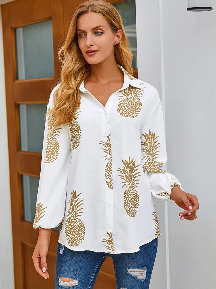 Autumn New Pineapple Print Long-Sleeved V-Neck White Button Blouse Korean Harajuku Fashion Ladies Popular Shirt