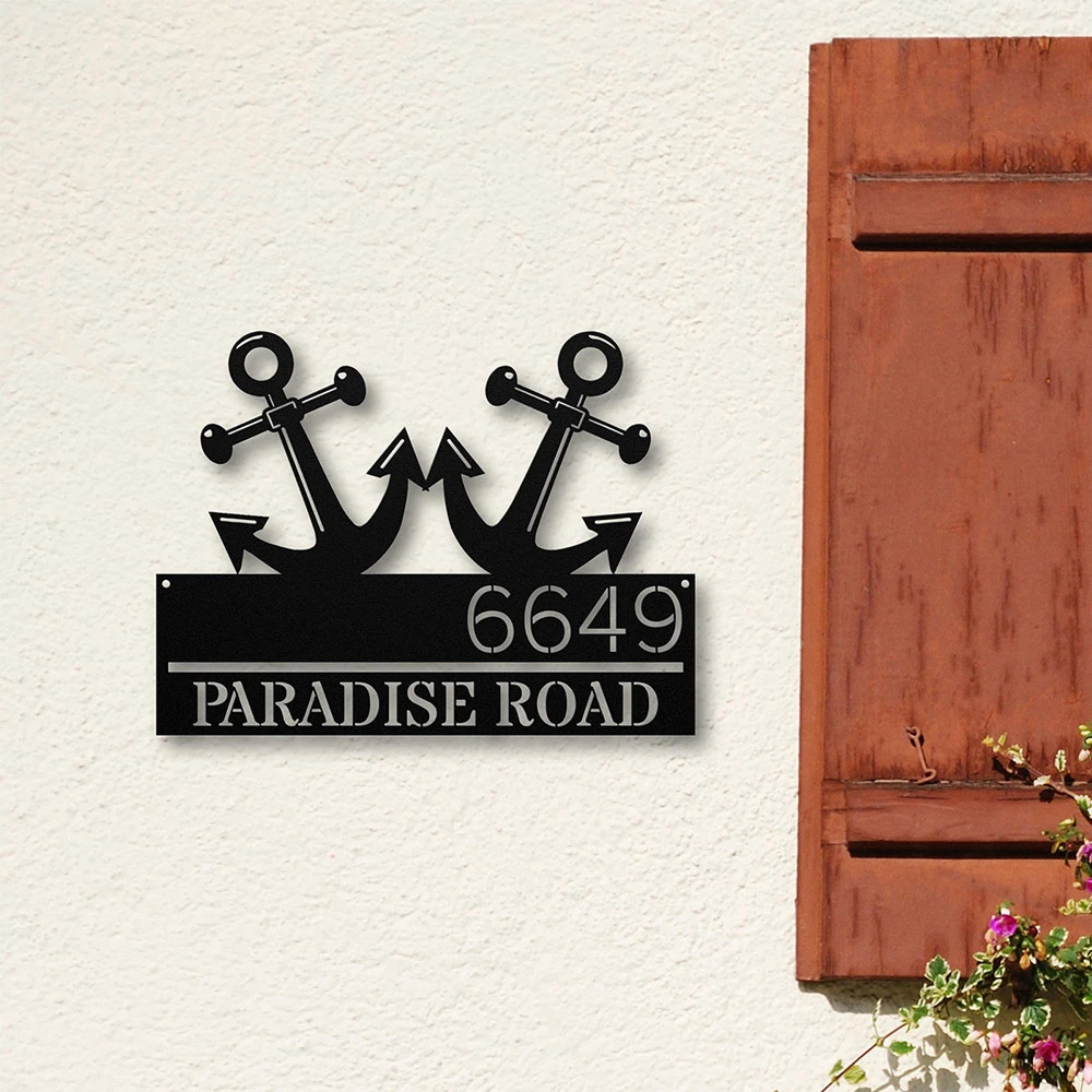 Personalized Anchor Shaped Metal Wall Decor Customized Nautical Address Plaque for Rural Outdoor Home Porch Beach Moving Gifts