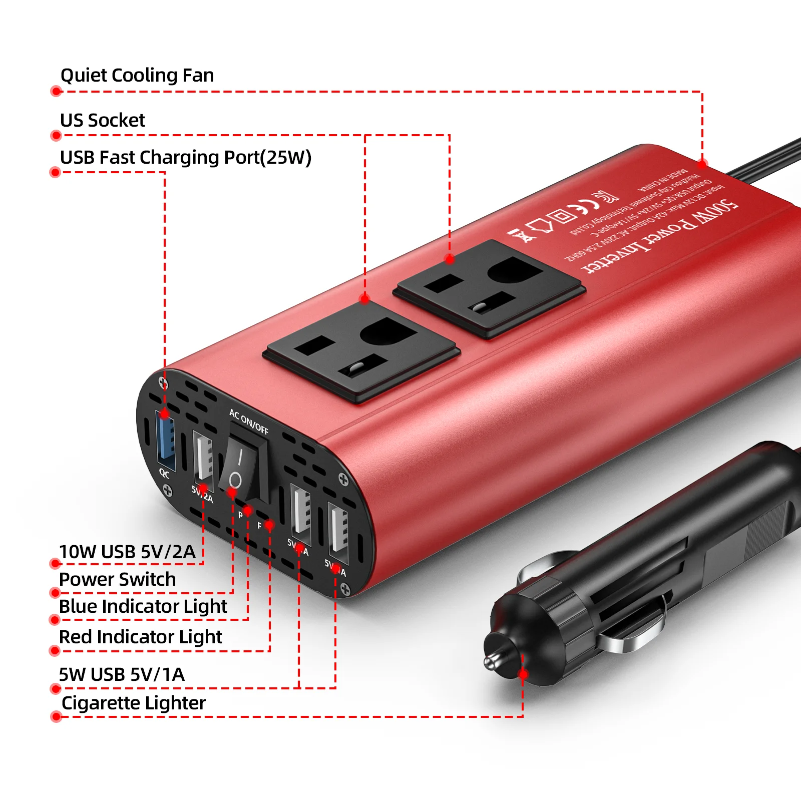 Convertitore a onde modificate da 500 W con presa USA e 4 USB, convertitore portatile per autoveicoli e domestici da DC12V a AC 110 V 60 HZ
