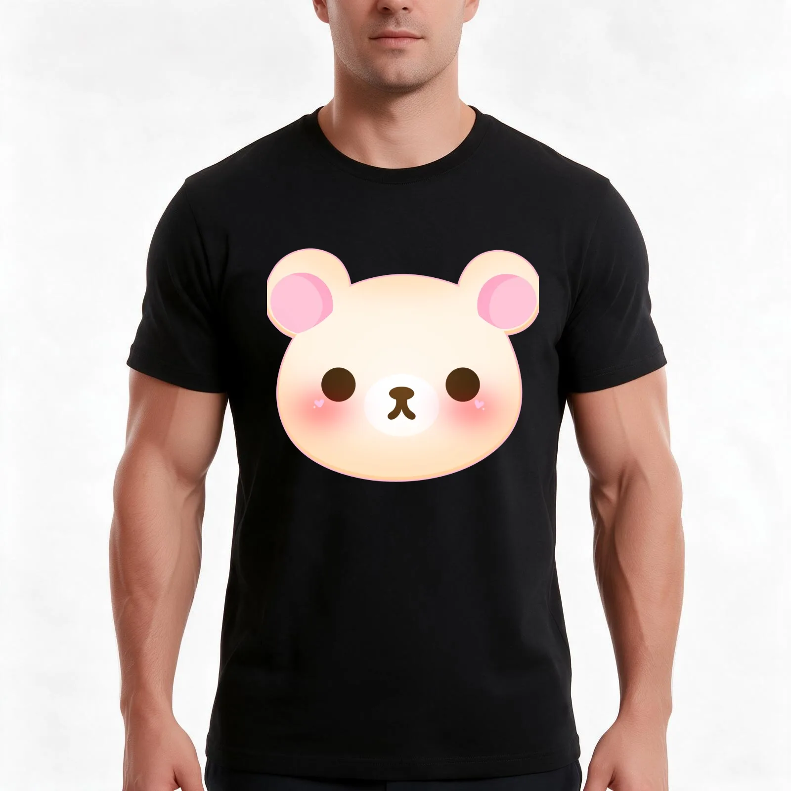 Korilakkuma Blush T-Shirt, Summer Casual Cotton Tee, Oversized Streetwear Tops, Vintage Graphic Print, Loose Fit Short Sleeve