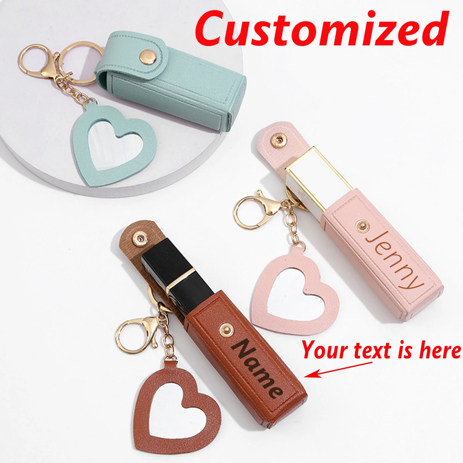 Custom Name Mini Lipstick Bag Personalized Text Keychain Makeup Mirror Girl Gift Laser Engraving PU Customized Name Coin Purse