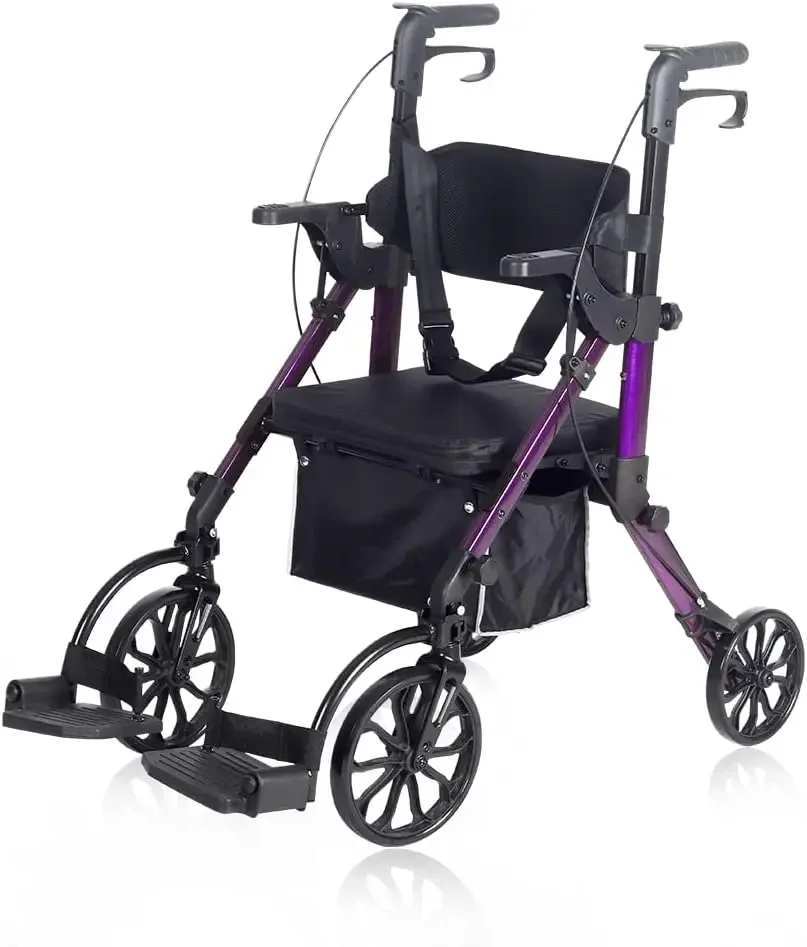 2 in 1  Transport Chair, Folding Wheelchair Rolling Mobility Walking Aid with Seat Belt, Padded Seat and Detachable Foo