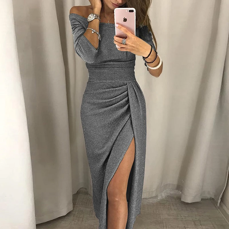 Women's High Waist Bodycon Dress, Vintage Bling Sexy Dresses, Off Shoulder, Bright Silk, Shiny Party Dress, Lady Split, Autumn,