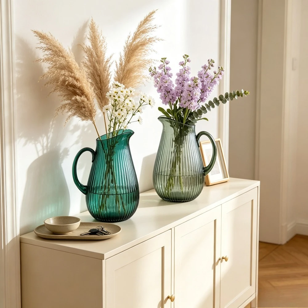 Vertical Striped Glass Pitcher Vase with Handle Retro Transparent Flower Vase Living Room Bedroom Home Tabletop Ornament