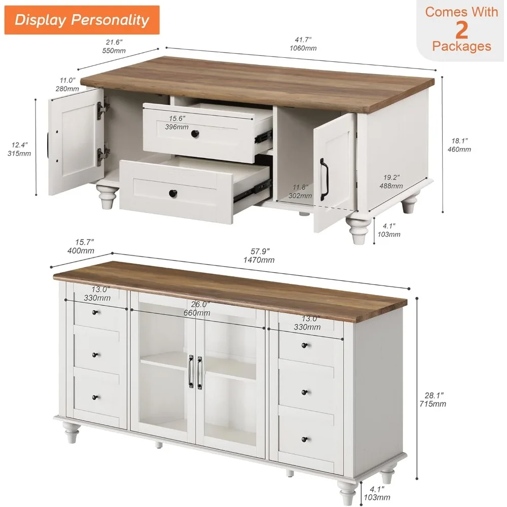 Farmhouse TV Stand and Coffee Table Set of 2, Entertainment Center for 70 Inch TV, Modern Coffee Table with Storage Cabinet, 2