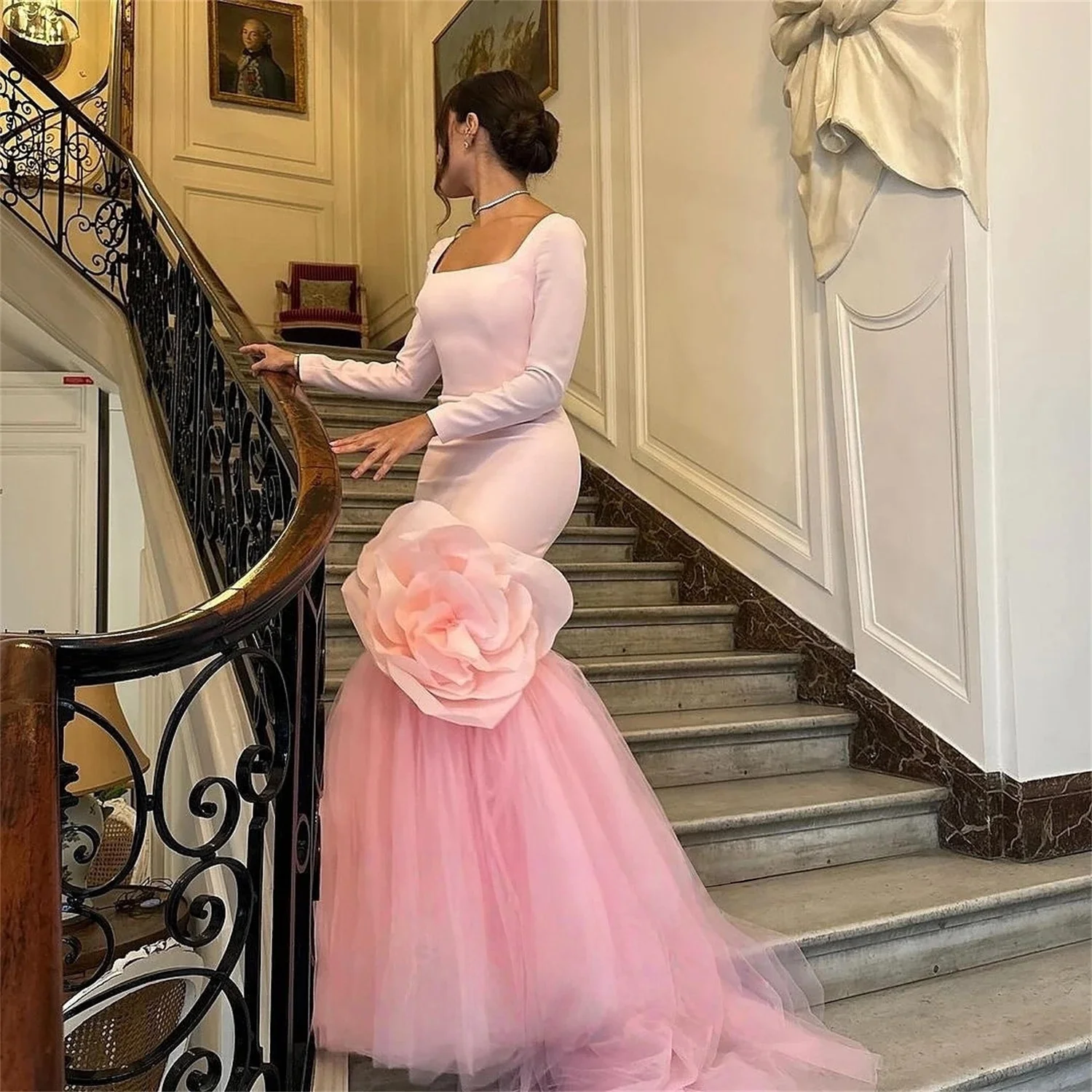 

Pink Long Sleeves Bespoke Occasion Gown Evening Dresses Pastrol Unisex Jersey Retro Dubai Saudi Arabic Israel Prom Customized