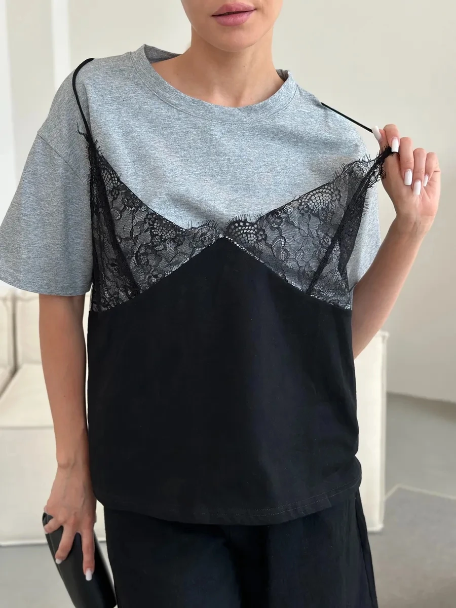 2026 Summer Loose Casual Retro Lace Stitching Fashion Lazy Style Top