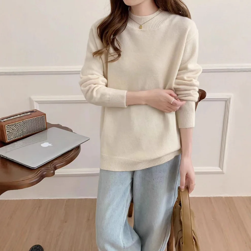 Elegant Simple Round Neck Solid Color Pullover Women's 2026 Autumn and Winter New Fashion Loose Lazy Bottoming Knitted Sweater