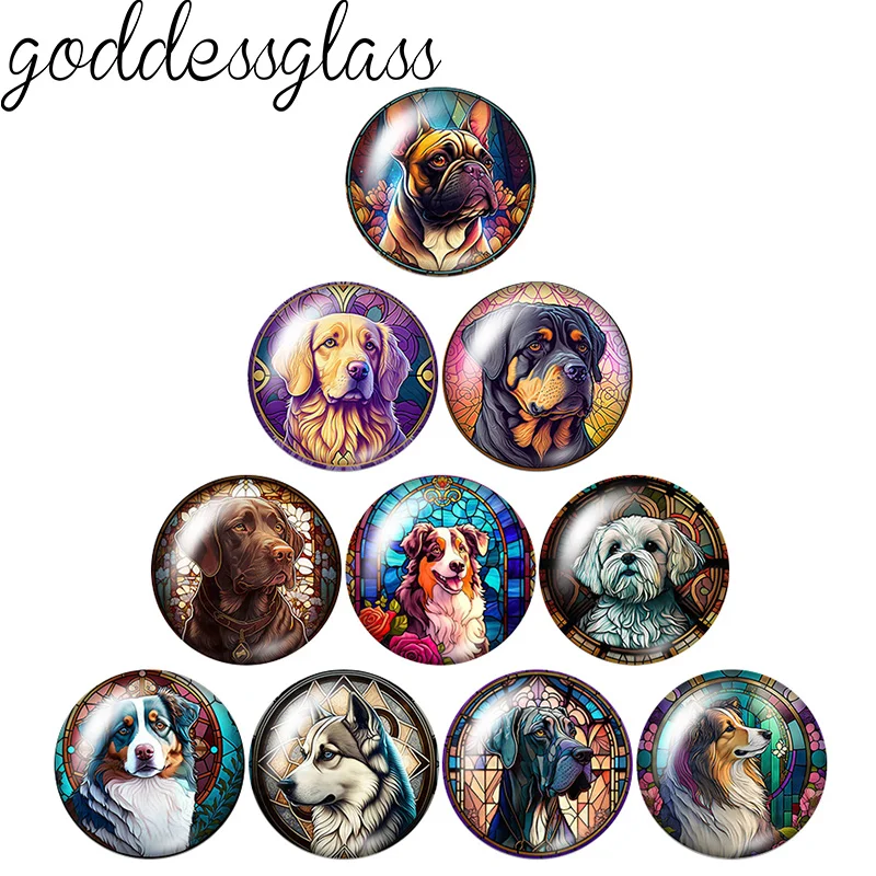 Round Photo Glass Cabochon Flat Back, Estilo de pintura, Pet Bulldog Collie, 10Pcs, Mix, Making Finding, Novo, 12mm, 18mm, 20mm, 25mm