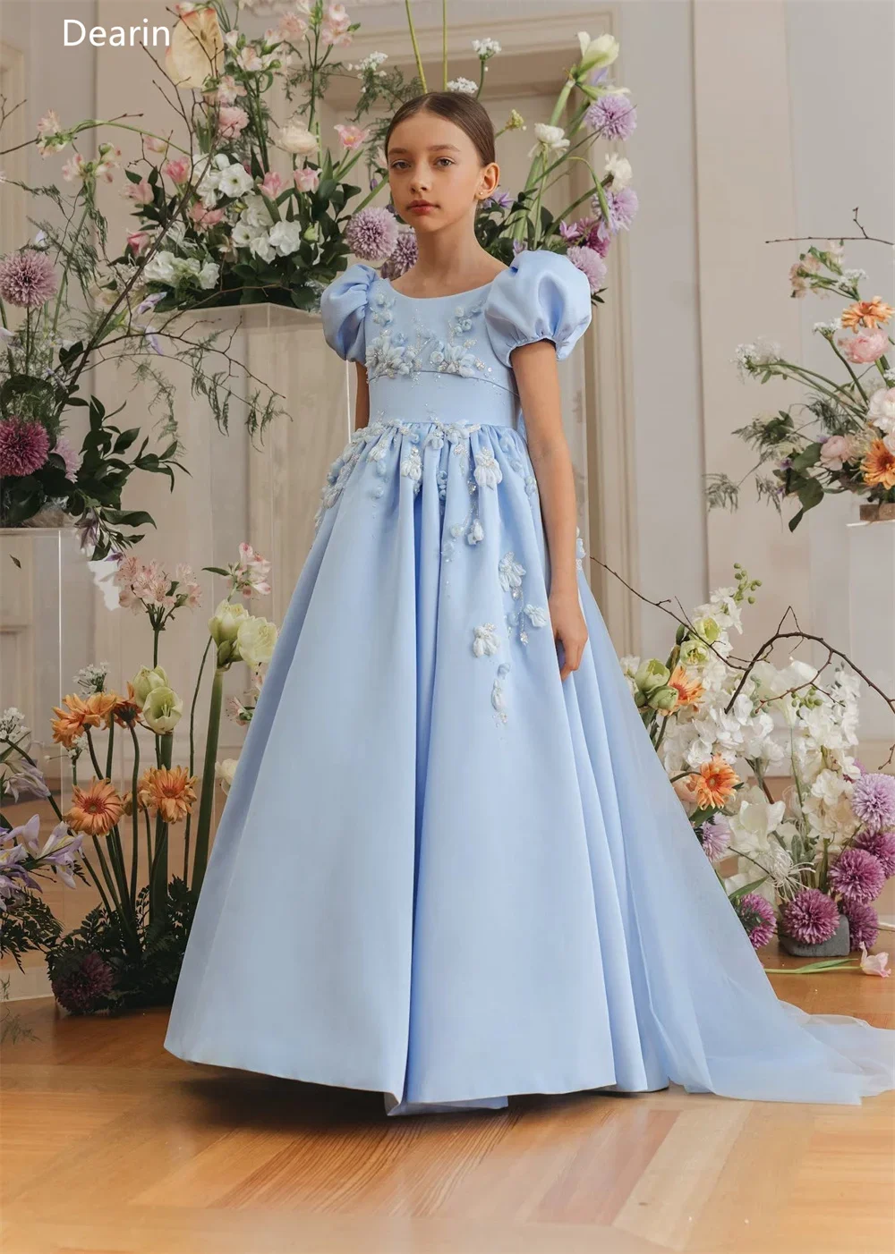 Customized Flower Girl Dress Evening Dress Dearin Scoop Neckline A-line Floor Length Skirts Draped Tulle Applique Flower Girl Dr