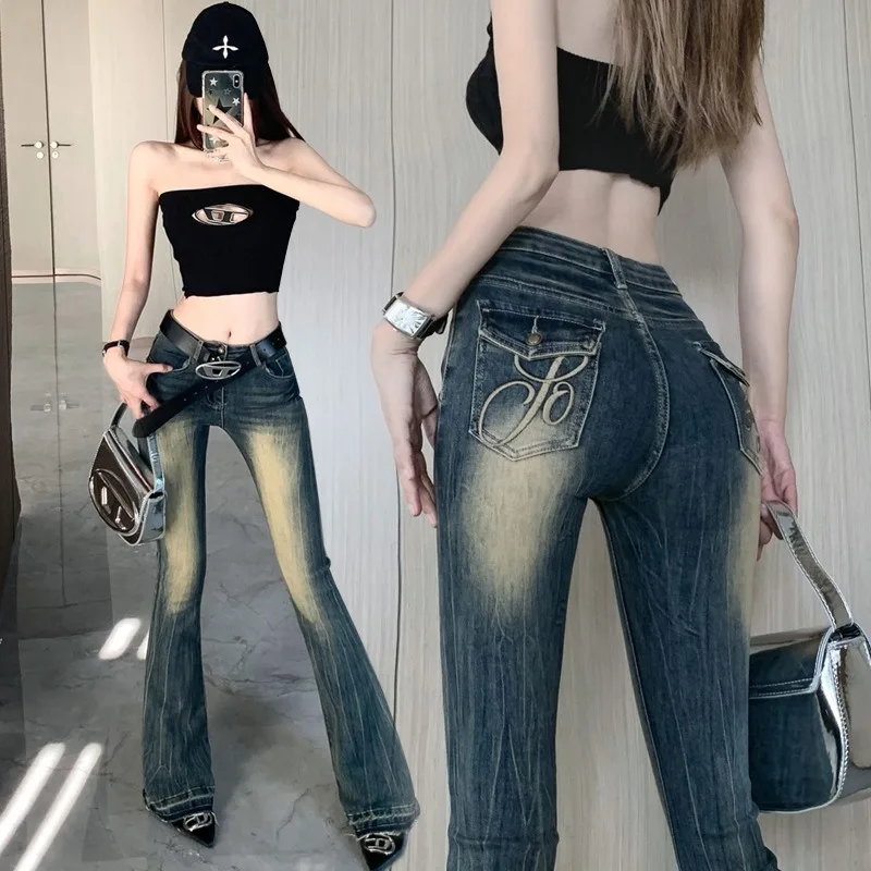 

Autumn High Street Spicy Girls Low Waist Jeans Women Autumn Vintage Y2k Design Sense Slim Fit Straight Tube Micro Flare Pants