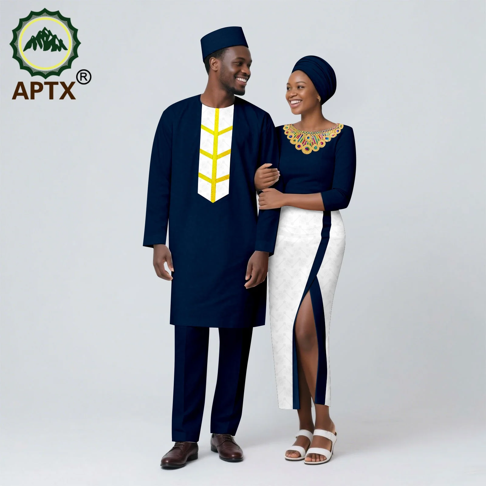 

African Couple Suits Men's Agbada Women's Dress Set with Gilded Lace Matching Robe for Wedding Evening And Daily Wear 25C081