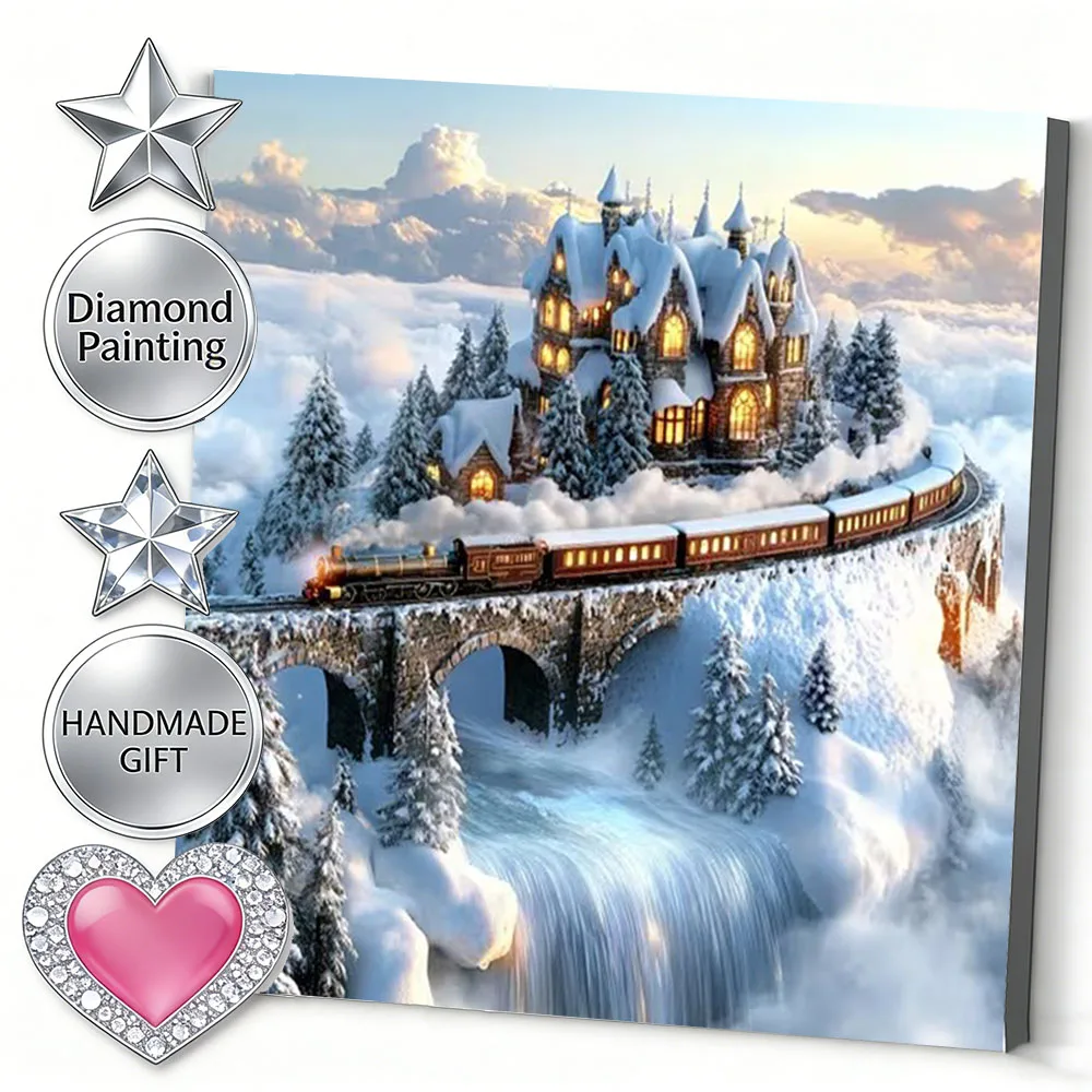 AZQSD Diamond Mosaic Train Landscape Resin Square Drill 5d Diy Diamond Painting Winter Snow Decor For Home Handmade