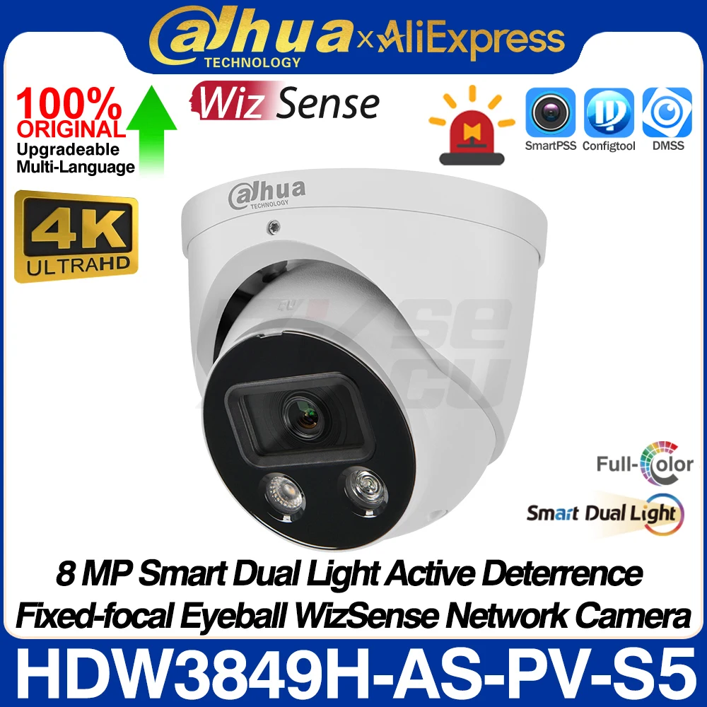 Dahua Original IPC-HDW3849H-AS-PV S5 8MP 4K Smart Dual Light Active Deterrence WizSense Network POE IP Camera Full Color Audio