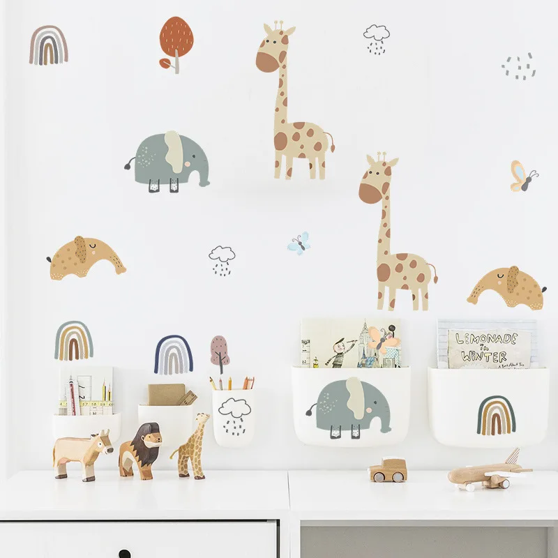 Cartoon Animals Wall Stickers for Baby Kids Room Children Bedroom Wall Decor Giraffe Elephant Wall Decals Home Decor Wallpapers