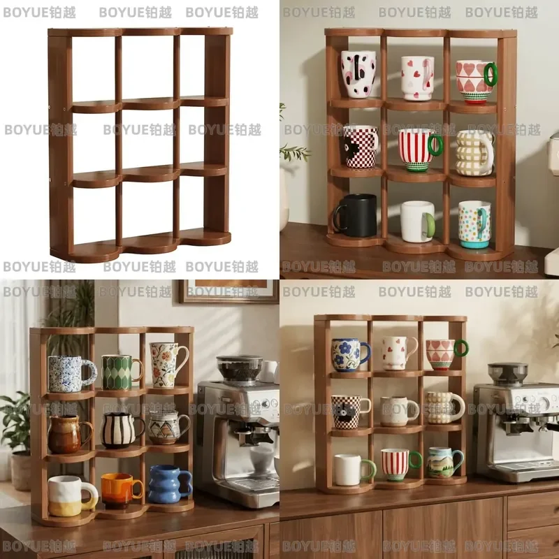 Bamboo Cup Holder 9 Grids Large Capacity Multi Layer Display Shelf Space Saving Storage Rack for Bar Kitchen Decorative