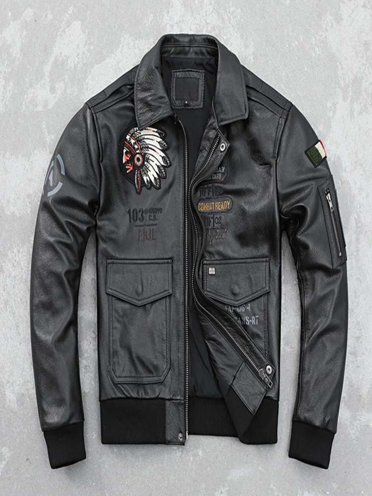 

Cowhide Air Force Flight Suit Genuine Leather Clothes Men's Indian Embroidery Pure Jacket Handsome Fashion Coat