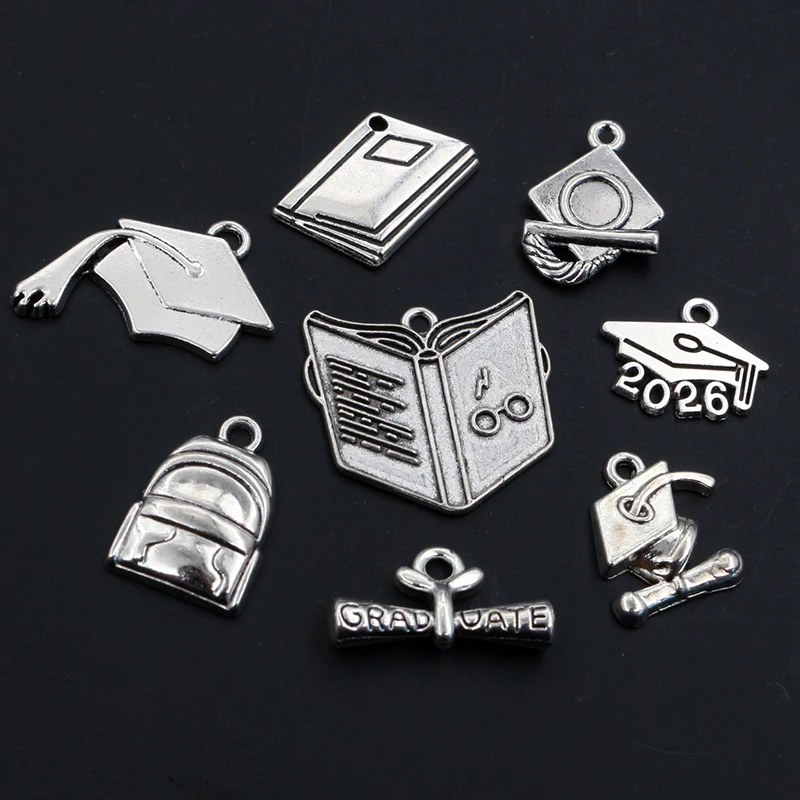 20pcs Graduation Charms Book Mortarboard Hat Pendant Antique Silver Color Alloy Metal DIY Jewelry Making Accessories Findings