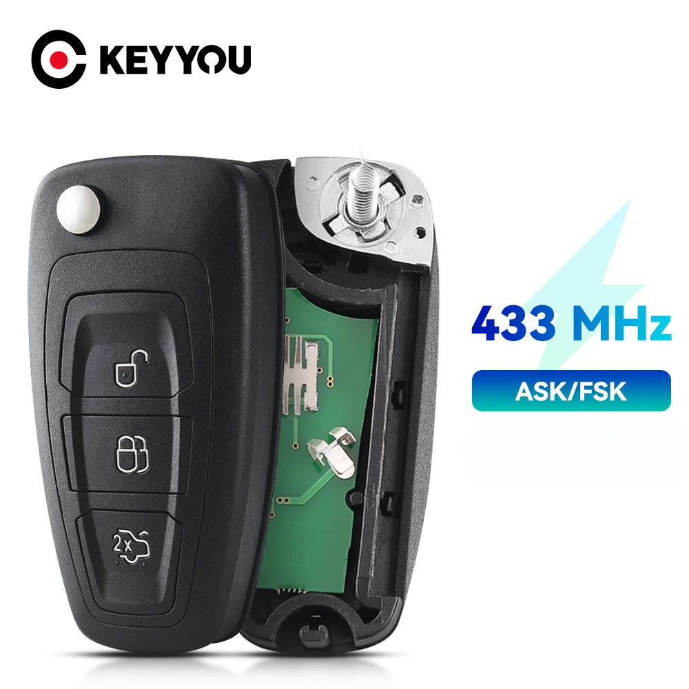 KEYYOU 434MHz Replacement Car Remote Flip Key ASK / FSK Fob 3 Button For Ford C-Max S-Max Focus MK3 Grand Mondeo 2010-2018 HU101