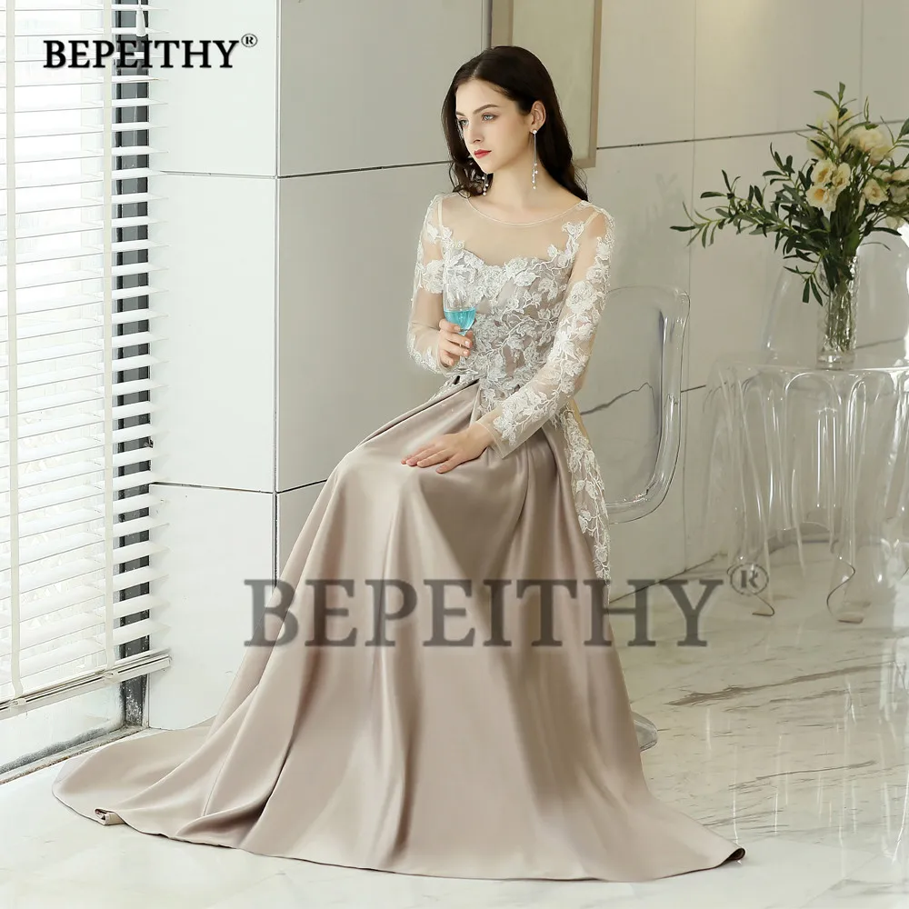 BEPEITHY Customized Full Sleeves Evening Dresses For Women O-neck Lace Appliques Prom Vestido De Noche A-line Satin Gowns Female