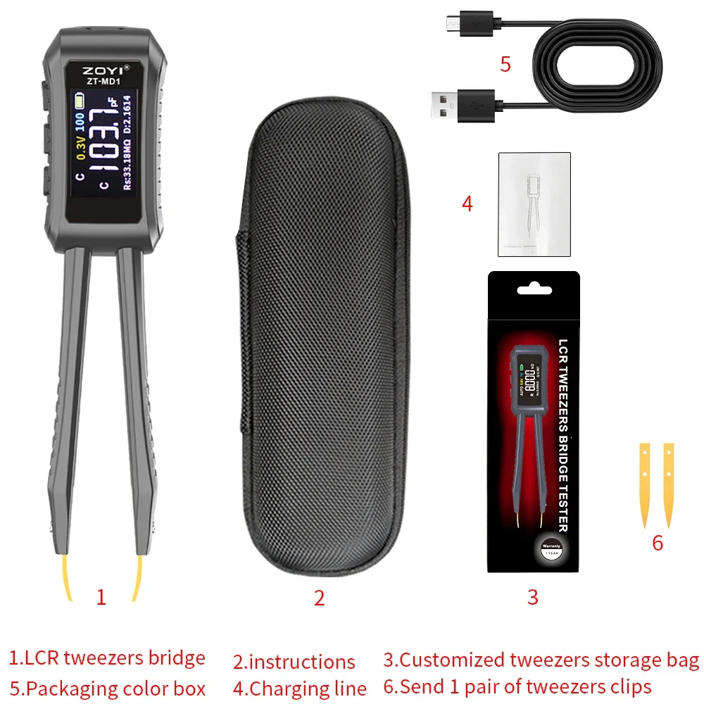 ZOYI-Portable Digital Multimeter, Smart Tweezer-Style, ZT-MD1, LCR, SMD Tester for Resistors, Capacitors, and Inductors