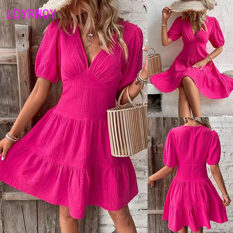 

Summer New Solid Color Slim Fit Short Skirt V-neck Mid Sleeve Dress for Women