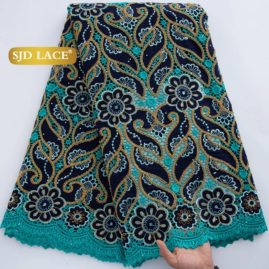 SJD LACE Swiss Voile Embroidery Lace Fabric 2026 African Nigerian Cotton Lace with Rhinestones For Women Evening Party Dress4864