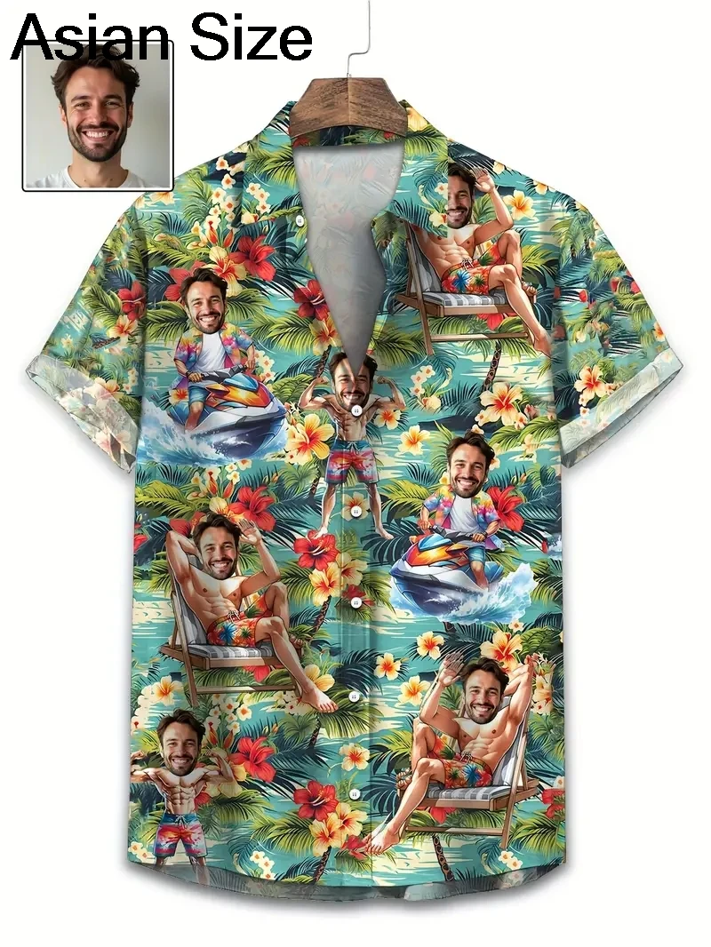 2025 Hawaiian Shirts Custom Unisex 3D Printed Funny Face Personalized Men's Beach Shirts Lapel Short Sleeves Female Shirt Tops