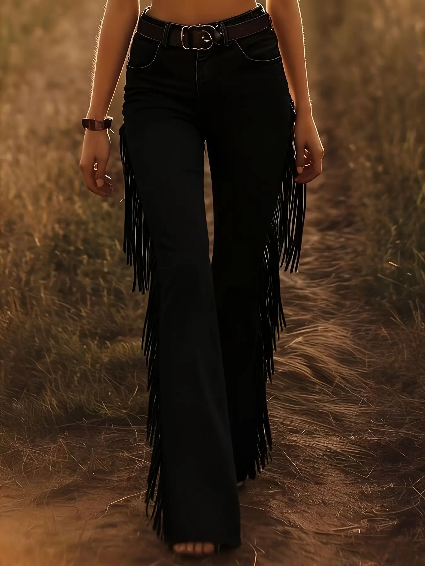 Cross-Border European And American Amazon Women's Tassel Slim-Fit Stretchy Bell-Bottom Pants