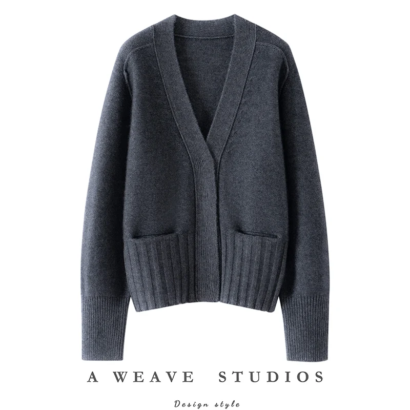 

New Women V-Neck 100% Cashmere Cardigan Preppy Style Thick Sweater Autumn Winter Buttoned Cashmere Knitwear Long Sleeve Tops