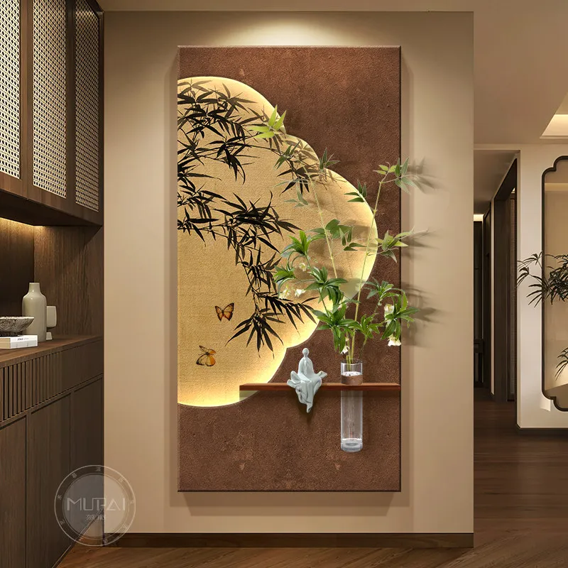 Middle ancient style entrance facing the door, decorative murals in the foyer, lights in the hallway, 2026 new model