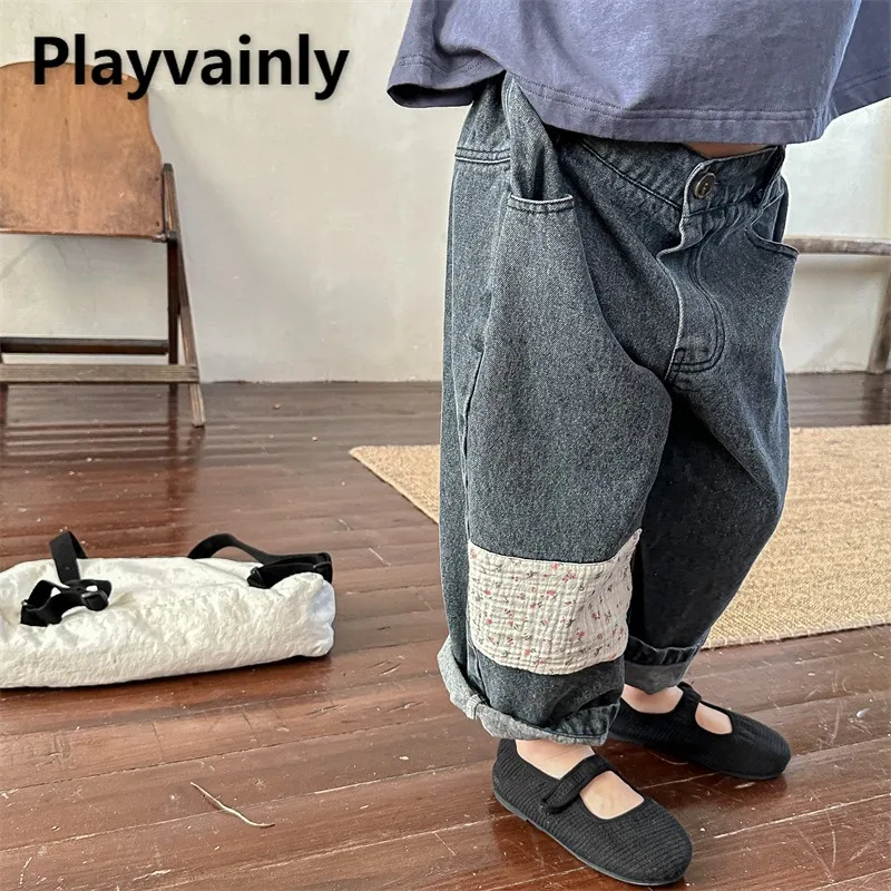 

2025 New Spring Autumn Kids Harem Jeans Floral Print Patchwork Blue Black Loose Straight Leg Pants Girl Denim Trousers A3030